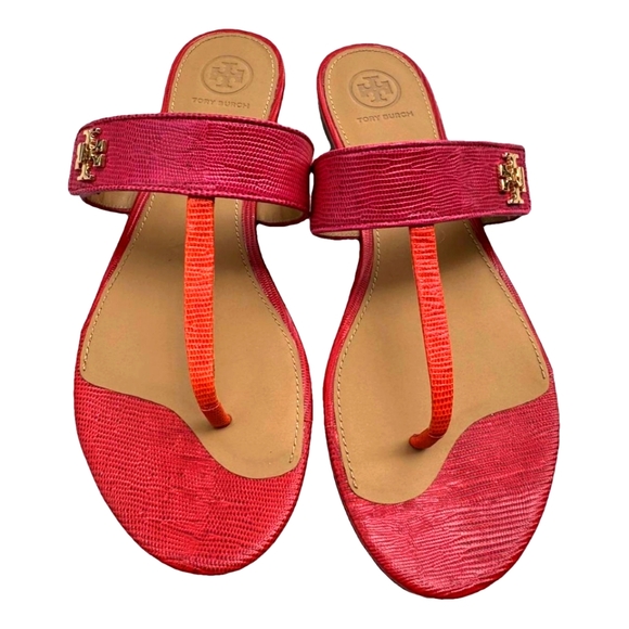 Like NEW Tory Burch Designer Kira Red Pink Sandals Thong Flip Flip 9.5 - Picture 1 of 11